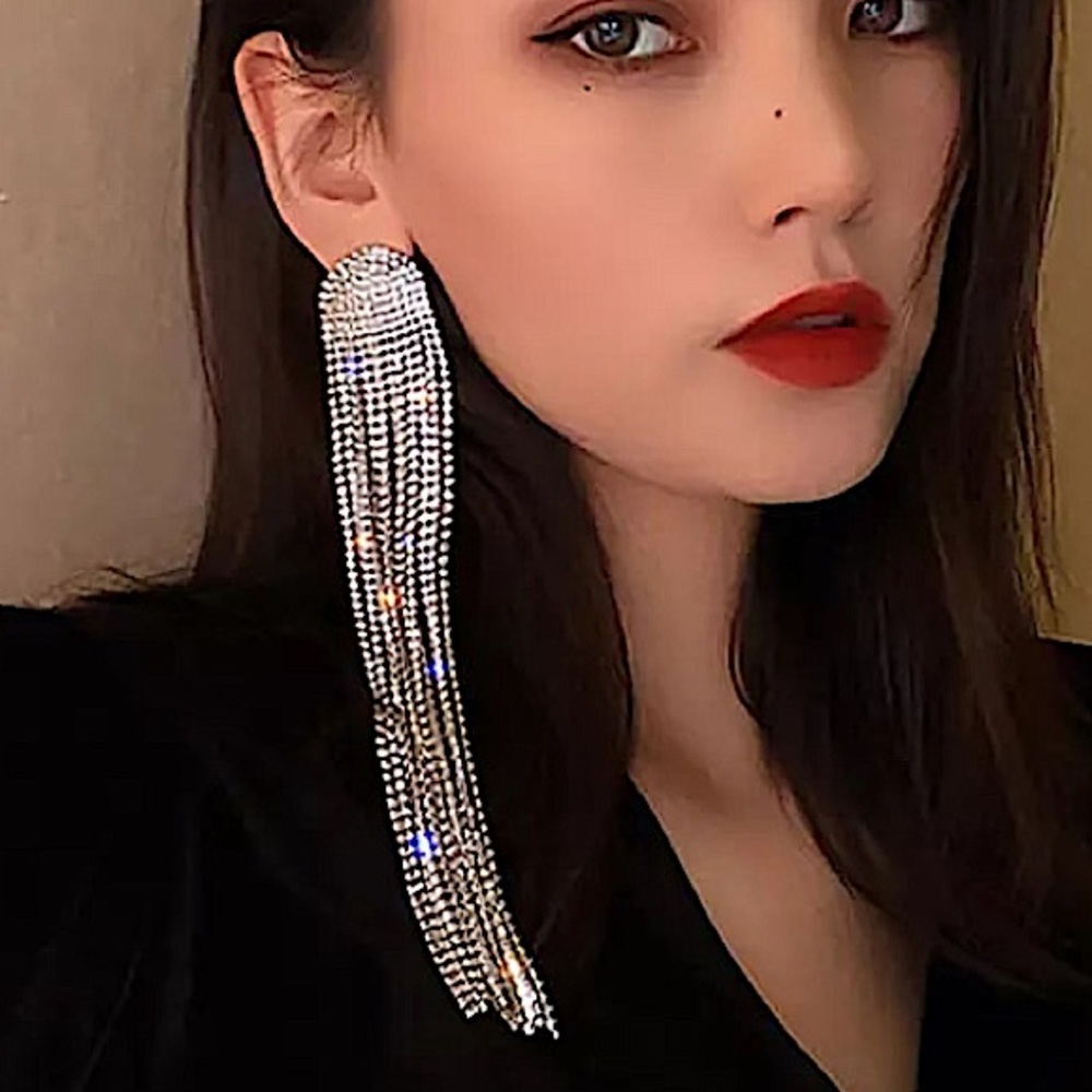 White Gold Plated Oversized Rhinestone Tassel Drop Earrings